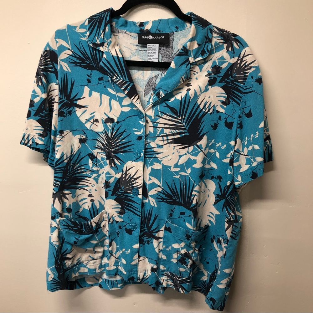Sag Harbor Silk Hawaiian Button Down Shirt Large